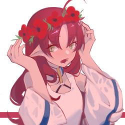 Rule 34 | 1girl, ahoge, arknights, bare shoulders, chinese commentary, commentary request, flower, green eyes, head wreath, highres, long hair, long sleeves, myrtle (arknights), off shoulder, pointy ears, red flower, red hair, simple background, solo, tank top, towne, upper body, white background, white tank top