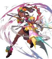 1girl attack bead_bracelet beads bracelet breasts brown_eyes brown_hair dark-skinned_female dark_skin eyeshadow feathers fire_emblem fire_emblem_engage fire_emblem_heroes frilled_skirt frills highres holding holding_polearm holding_weapon jewelry makeup medium_breasts micro_shorts microskirt navel nintendo non-web_source one_eye_closed open_mouth polearm ponytail purple_eyeshadow sandals shorts skirt smile solo spear star-shaped_pupils star_(symbol) symbol-shaped_pupils timerra_(fire_emblem) weapon