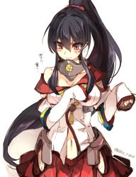 Rule 34 | 10s, 1girl, bad id, bad twitter id, black hair, cis (carcharias), cosplay, kantai collection, long hair, navel, off shoulder, oversized clothes, ponytail, red eyes, sidelocks, skirt, sleeves past wrists, solo, twitter username, white background, yahagi (kancolle), yamato (kancolle), yamato (kancolle) (cosplay)
