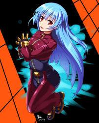 Rule 34 | 1girl, :d, belt, blue hair, chaps, cropped jacket, dated, fingers together, full body, gloves, highres, kula diamond, long hair, long sleeves, looking at viewer, nishiumi yuuta, open mouth, red eyes, signature, smile, solo, the king of fighters, zipper