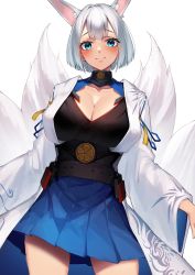 Rule 34 | 1girl, absurdres, animal ear fluff, animal ears, azur lane, blue eyes, blue skirt, blunt bangs, blush, breasts, cleavage, closed mouth, collarbone, commentary request, fox ears, fox girl, fox tail, highres, japanese clothes, kaga (azur lane), kimono, large breasts, long sleeves, looking at viewer, multiple tails, obi, pleated skirt, sash, short hair, simple background, skirt, smile, solo, tail, white background, white hair, white kimono, wide sleeves, yamanokami eaka
