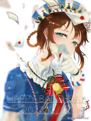 Rule 34 | 1girl, alternate hairstyle, animal hat, aqua eyes, artist name, artist request, bag, blue eyes, blue hat, blue jacket, blush, bow, bowtie, bracelet, braid, breasts, brown hair, buttons, close-up, collared shirt, cropped jacket, delivering comfort - emma mail (love live!), dress, dress shirt, emma mail (love live!), emma verde, female focus, freckles, frilled sleeves, frills, gloves, hair between eyes, hair ornament, hair rings, hair tie, half-closed eyes, handbag, hat, hat bow, heart, heart (symbol), heart print, highres, holding, holding letter, jacket, jewelry, letter, long hair, looking at viewer, love live!, love live! nijigasaki high school idol club, love live! school idol festival, love live! school idol festival all stars, mailbag, neck bell, neck ribbon, parted lips, peaked cap, red bow, red hair, ribbon, shirt, short sleeves, shoulder bag, small breasts, smile, solo, striped bow, striped ribbon, twin braids, twintails, upper body, white background, white gloves, white shirt, x hair ornament