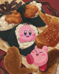 Rule 34 | 2others, :d, chicken (food), chicken wing, closed eyes, food, food focus, highres, holding, holding food, kirby, kirby (series), meat, miclot, multiple others, nintendo, no humans, onigiri, open mouth, red background, rice, smile