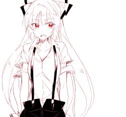Rule 34 | 1girl, 6 (yuchae), bow, collared shirt, fujiwara no mokou, hair bow, hands in pockets, long hair, looking away, looking to the side, monochrome, open mouth, red eyes, shirt, sketch, solo, spot color, suspenders, torn clothes, torn sleeves, touhou, upper body