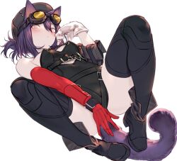 Rule 34 | 1girl, animal ears, arknights, asymmetrical gloves, between legs, black hair, black headwear, cat ears, cat girl, cat tail, cutout above navel, ears through headwear, gloves, goggles, goggles on head, green eyes, hand between legs, hand on own cheek, hand on own face, highres, knees up, kochiya (gothope), lying, mismatched gloves, on back, red gloves, rockrock (arknights), short hair, spread legs, tail, thighhighs, white background, white gloves