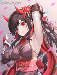 Rule 34 | &gt;:(, arm guards, arm up, armpits, bandages, black hair, breasts, claws, demon girl, fingerless gloves, fishnets, flower, gloves, guardian tales, hair flower, hair ornament, highres, hip vent, horns, japanese clothes, kimono, kuji-in, kunoichi sumire, large breasts, long hair, mole, mole under eye, ninja, oni horns, red eyes, red scarf, sash, scarf, short kimono, short sword, sideboob, sleeveless, sleeveless kimono, sword, udon frozen, v-shaped eyebrows, weapon