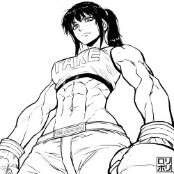 Rule 34 | 1girl, abs, boxing gloves, clothes writing, from below, greyscale, highres, inktober, ishido natsuo, jamrolypoly, looking at viewer, monochrome, muscular, muscular female, ponytail, simple background, solo, stomach, tagme, teppu, v-shaped eyebrows, white background
