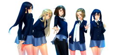 Rule 34 | 5girls, akiyama mio, arms behind back, ass, backlighting, black hair, black legwear, blazer, blonde hair, blue eyes, blue hair, blue skirt, brown eyes, brown hair, commentary request, eyelashes, hair ornament, hairband, hairclip, hand in pocket, hand up, highres, hirasawa yui, jacket, k-on!, korean commentary, kotobuki tsumugi, lips, long hair, looking at viewer, multiple girls, nakano azusa, open clothes, open jacket, outstretched hand, pantyhose, parted lips, pleated skirt, red eyes, school uniform, simple background, skirt, smile, tainaka ritsu, thighs, tsurime, twintails, very long hair, waving, white background, zcune