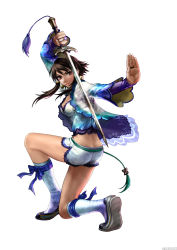 Rule 34 | 1girl, ass, brown eyes, brown hair, butt crack, chai xianghua, highres, kneeling, midriff, on one knee, short hair, short shorts, shorts, smile, solo, soul calibur, soulcalibur, soulcalibur iv, sword, weapon