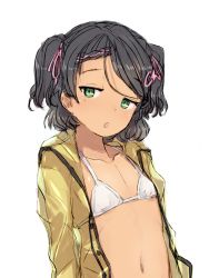 Rule 34 | 1girl, alchera, bikini, black hair, braid, flat chest, green eyes, kantai collection, looking at viewer, mole, mole under eye, open clothes, parted lips, raincoat, scirocco (kancolle), short hair, simple background, solo, swimsuit, tan, two side up, upper body, white background, white bikini, yellow raincoat