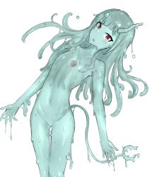 Rule 34 | 1girl, nanashi inc., absurdres, akagane mic, commentary request, completely nude, core, demon girl, demon horns, demon tail, feet out of frame, flat chest, highres, horns, long hair, looking at viewer, monster girl, nude, open mouth, red eyes, shishio chris, simple background, slime girl, solo, sugar lyric, tail, virtual youtuber, white background