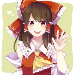 Rule 34 | 1girl, :d, ascot, bare shoulders, bow, brown hair, detached sleeves, green background, hair bow, hair tubes, hakurei reimu, hanaon, heart, looking at viewer, open hand, open mouth, outside border, red eyes, simple background, smile, solo, touhou, upper body, waving