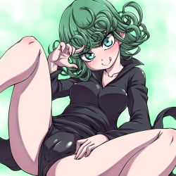 Rule 34 | 1girl, :q, black dress, blush, breasts, cameltoe, cleft of venus, closed mouth, commentary, curly hair, dress, green background, green eyes, green hair, hanya (hanya yashiki), head tilt, leaning back, long dress, looking at viewer, medium breasts, one-punch man, short hair, side slit, sitting, smile, solo, spread legs, tatsumaki, tongue, tongue out