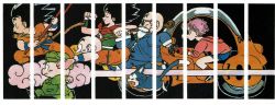 Rule 34 | 1girl, 5boys, animal, bald, beard, black background, black eyes, black hair, bulma, cane, capsule corp, chinese clothes, clenched hands, clothes grab, clothes writing, commentary, dougi, dragon ball, dragon ball (classic), driving, english commentary, facial hair, flying, flying nimbus, from side, full body, glasses, gloves, hanging, hat, highres, holding, holding weapon, hood, hooded jacket, jacket, kuririn, legs apart, looking afar, messy hair, military, military hat, military uniform, monkey tail, motor vehicle, motorcycle, multiple boys, mustache, muten roushi, neckerchief, ruyi jingu bang, official art, oolong, open mouth, pants, pig, pink jacket, profile, puar, purple eyes, purple hair, red gloves, red legwear, red neckerchief, running, short hair, shorts, simple background, socks, son goku, sunglasses, tail, toriyama akira, uniform, weapon, whiskers, white-framed eyewear, wide-eyed, wristband, yamcha, yellow pants