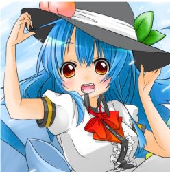 Rule 34 | 1girl, adjusting clothes, adjusting headwear, bad id, bad pixiv id, berry jou, blue hair, bow, fang, female focus, food, fruit, hat, hinanawi tenshi, leaf, long hair, open mouth, peach, red eyes, short sleeves, solo, touhou