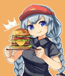 Rule 34 | 1girl, absurdres, alternate costume, black shirt, blue eyes, blush, braid, breasts, burger, closed mouth, collared shirt, crown (symbol), employee uniform, food, grey hair, hands up, highres, holding, holding tray, kizuna akari, konohoshi, long hair, looking at viewer, low twin braids, medium breasts, orange background, outline, shirt, short sleeves, simple background, smile, solo, tray, twin braids, uniform, upper body, v-shaped eyebrows, visor cap, voiceroid, white outline