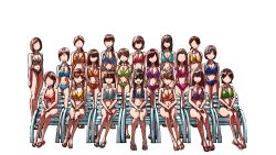 Rule 34 | 6+girls, alternate costume, bikini, black eyes, blue bikini, breasts, brown hair, chair, chirijiri (synthesizer v), cleavage, commentary request, empty eyes, faceless, faceless female, flip-flops, group picture, hair over shoulder, hands on own hips, highres, jaggy lines, large breasts, long hair, looking at viewer, lounge chair, low twintails, medium breasts, multiple girls, no socks, on chair, open mouth, parody, sandals, sannso5482, short hair, sitting, smile, solo focus, standing, style parody, swimsuit, synthesizer v, transparent background, twintails