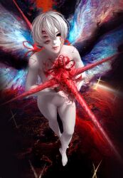 Rule 34 | 1girl, albino, angel (evangelion), ayanami rei, barefoot, blood, blood on face, bloody tears, colored skin, cross, earth (planet), energy, extra eyes, fantasy, glowing, highres, hollow eyes, impaled, lance of longinus (evangelion), large wings, lilith (ayanami rei), lilith (evangelion), looking at viewer, multiple wings, naofaro, neon genesis evangelion, no genitals, nude, planet, red eyes, short hair, solo, white hair, white skin, wings