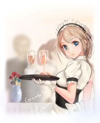 Rule 34 | 1boy, 2girls, absurdres, blonde hair, blue eyes, blurry, blurry background, braid, character name, cup, dabaizhao, dated, drinking glass, flower, flower pot, g36 (girls&#039; frontline), girls&#039; frontline, gloves, highres, long hair, looking at viewer, looking back, maid, maid headdress, mug, multiple girls, puffy short sleeves, puffy sleeves, short sleeves, table, tablecloth, tray, vase, white gloves