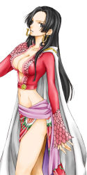 Rule 34 | 1girl, amazon lily, black hair, boa hancock, breasts, cape, cleavage, earrings, female focus, highres, jewelry, long hair, midriff, navel, one piece, solo, white background
