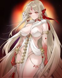 Rule 34 | 1girl, armlet, bare shoulders, belly chain, black sclera, body markings, bracelet, breasts, cleavage, colored sclera, colored skin, commentary, corrupted twitter file, durga (fate), earrings, facial mark, fate/grand order, fate (series), flower, forehead mark, gradient background, gradient skin, hair ribbon, highres, indian clothes, jewelry, large breasts, long hair, looking at viewer, lotus, ogye 01, pelvic curtain, red eyes, red ribbon, red skin, revealing clothes, ribbon, ring, snake, solo, symbol-only commentary, thighs, thumb ring, very long hair, white hair, white snake