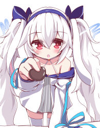 Rule 34 | 1girl, animal ears, azur lane, bare shoulders, blue hairband, blue ribbon, candy, chocolate, chocolate heart, collarbone, crossed bangs, dress, fake animal ears, food, geo (yukishitadou), hair ribbon, hairband, hand up, heart, highres, holding, holding chocolate, holding food, laffey (azur lane), laffey ii (azur lane), long hair, long sleeves, parted lips, pov, rabbit ears, reaching, reaching towards viewer, red eyes, ribbon, short dress, simple background, solo, thighhighs, valentine, very long hair, white background, white dress, white hair, white thighhighs