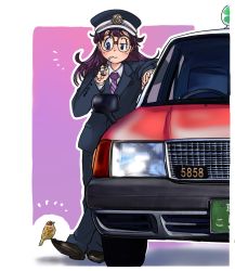 Rule 34 | 1girl, absurdres, bird, black footwear, blue eyes, blue jacket, blue pants, blush, car, closed mouth, collared shirt, commentary request, doitsuken, drinking, hat, highres, jacket, motor vehicle, necktie, original, outdoors, pants, peaked cap, pink background, purple hair, purple necktie, shirt, shoes, smile, solo, standing, taxi, toyota, toyota crown, uniform, wing collar