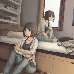 Rule 34 | 2girls, bed, between legs, bookshelf, brown hair, can, clone, collarbone, controller, crossed arms, hand between legs, highres, holding, hood, hoodie, looking at viewer, mouth hold, multiple girls, multiple persona, no shoes, on bed, open mouth, original, pillow, popsicle, remote control, short hair, sitting, sleeves rolled up, sweater, window, yajirushi (chanoma)