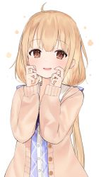 Rule 34 | 1girl, ahoge, blonde hair, blue bow, blue dress, blush, bow, brown eyes, brown jacket, commentary request, dress, futaba anzu, hair bow, hands on own cheeks, hands on own face, hands up, happy, highres, idemitsu, idolmaster, idolmaster cinderella girls, jacket, long hair, long sleeves, looking at viewer, low twintails, nail polish, open mouth, red nails, simple background, smile, solo, twintails, upper body, white background