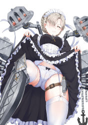 Rule 34 | 1girl, absurdres, anchor, apron, azur lane, blonde hair, blush, braid, breasts, buhualuo, chain, cleft of venus, closed eyes, clothes lift, cross, dress, dress lift, french braid, frilled apron, frills, garter belt, garter straps, gradient background, hair over one eye, highres, lifting own clothes, long sleeves, maid, maid headdress, panties, sheffield (azur lane), short hair, simple background, solo, thighhighs, torpedo tubes, turret, underwear, white apron, white background, white panties, white thighhighs