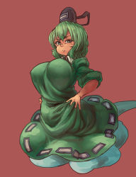Rule 34 | 1girl, breasts, chanta (ayatakaoisii), dress, female focus, ghost tail, green dress, green eyes, green hair, hat, highres, japanese clothes, large breasts, looking at viewer, matching hair/eyes, multiple tails, short hair, simple background, soga no tojiko, solo, tail, tate eboshi, touhou