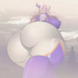 Rule 34 | 1girl, ass, blonde hair, bodysuit, boku no hero academia, breasts, fake horns, fog, from below, giant, giantess, gigantic breasts, highres, horns, huge ass, long hair, looking at viewer, mask, mount lady, plump, riendonut, sideboob, smile, solo, mount lady, thick thighs, thighs, wide hips