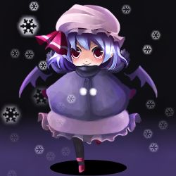 Rule 34 | 1girl, bad id, bad pixiv id, bat wings, blue hair, blush, female focus, full body, gradient background, hat, kozue, lowres, night, outdoors, red eyes, remilia scarlet, ribbon, running, scarf, short hair, snow, snowflakes, solo, touhou, wings, winter, winter clothes, yukibina