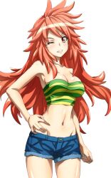 Rule 34 | 1girl, amou kanade, armpits, blue shorts, blush, breasts, cleavage, collarbone, fujikawa daichi, grin, hand on own hip, large breasts, long hair, looking at viewer, midriff, navel, one eye closed, orange eyes, red hair, senki zesshou symphogear, shiny skin, short shorts, shorts, simple background, smile, solo, strapless, tube top, white background