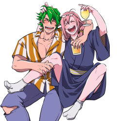 Rule 34 | 2boys, :d, alcohol, arm around shoulder, ataka takeru, beer, blue kimono, cherry blossom (sk8), closed eyes, cup, denim, eyewear on head, facing viewer, green hair, hand up, holding, holding cup, invisible chair, japanese clothes, joe (sk8), kimono, laughing, male focus, multiple boys, open mouth, pants, pectorals, pink hair, shirt, short hair, simple background, sitting, sk8 the infinity, smile, socks, striped clothes, striped shirt, torn clothes, torn pants, white background, white socks, wide sleeves