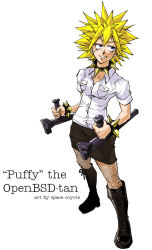 Rule 34 | 1girl, baton, blonde hair, boots, bracelet, character name, collar, english text, fishnet pantyhose, fishnets, full body, grin, jewelry, nina matsumoto, openbsd, original, os-tan, pantyhose, purple eyes, simple background, skirt, smile, solo, spiked bracelet, spiked collar, spiked hair, spikes, white background
