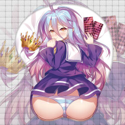 1girl ass ass_focus blue_hair blush card closed_mouth cropped_legs crown dress from_behind full-face_blush gradient_hair hair_between_eyes hand_on_own_chin long_hair looking_at_viewer looking_back mousepad_(medium) multicolored_hair no_game_no_life panties playing_card purple_dress shiro_(no_game_no_life) solo striped_clothes striped_panties underwear very_long_hair yellow_eyes zyc821