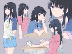Rule 34 | 1girl, black hair, blouse, blue shorts, chair, closed mouth, commentary request, desk, from side, grey background, head rest, highres, holding, jitome, koe no katachi, long sleeves, multiple views, musshu (omu001), parted lips, pink shirt, purple eyes, raglan sleeves, school desk, shirt, shorts, simple background, sitting, sketch, standing, ueno naoka