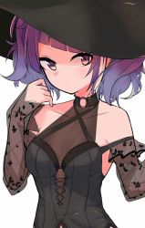 Rule 34 | 1girl, bare shoulders, black choker, choker, corset, criss-cross halter, detached sleeves, diagonal bangs, halloween costume, halterneck, hanetsuka, hat, highres, idolmaster, idolmaster shiny colors, looking at viewer, o-ring, o-ring choker, purple eyes, purple hair, see-through, short twintails, simple background, solo, tanaka mamimi, twintails, upper body, white background, witch hat