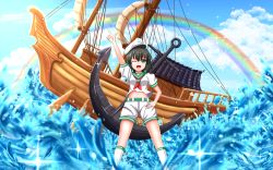 Rule 34 | 1girl, ;d, anchor, anchor symbol, bad id, bad pixiv id, black hair, cloud, day, ddfftasogare, green eyes, hat, highres, midriff, murasa minamitsu, neckerchief, ocean, one eye closed, open mouth, oversized object, palanquin ship, pointing, pointing up, rainbow, sailor, sailor collar, sailor hat, ship, short hair, smile, socks, solo, sparkle, tasogare (ddfftasogare), touhou, watercraft, wink