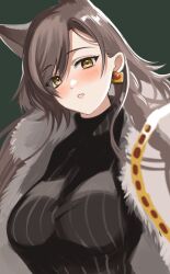 Rule 34 | 1girl, :o, animal ears, arknights, black sweater, blush, breasts, brown eyes, brown hair, earrings, fur-trimmed jacket, fur trim, green background, highres, jacket, jewelry, kemurikemu, large breasts, long hair, looking at viewer, open clothes, open jacket, open mouth, penance (arknights), penance (occasionally flushed) (arknights), ribbed sweater, sidelocks, simple background, solo, straight hair, sweater, swept bangs, teeth, turtleneck, turtleneck sweater, upper body, white jacket, wolf ears, wolf girl