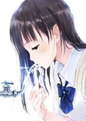 Rule 34 | 1girl, bad id, bad pixiv id, black eyes, black hair, blush, commentary request, drinking, drinking fountain, fujita hidetoshi, leaning forward, long hair, open mouth, original, school uniform, short sleeves, simple background, solo, sweater vest, upper body, water, white background