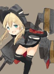 Rule 34 | 10s, 1girl, anchor hair ornament, bad id, bad pixiv id, black ribbon, black skirt, black thighhighs, blonde hair, blue eyes, blush, gloves, hair ornament, hair ribbon, hat, kantai collection, leaning forward, leg up, long hair, long sleeves, machinery, microskirt, military, military uniform, open mouth, over-kneehighs, peaked cap, pleated skirt, prinz eugen (kancolle), ribbon, skirt, solo, thighhighs, turret, twintails, uniform, white gloves, yuzumochi