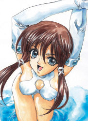 Rule 34 | 1girl, :d, armpits, arms up, blue eyes, breasts, brown hair, casual one-piece swimsuit, close-up, elbow gloves, gloves, hair between eyes, hair ornament, head tilt, highres, hikari to mizu no daphne, jewelry, kneeling, large breasts, leaning forward, long hair, looking at viewer, mizuki maia, no bra, one-piece swimsuit, one eye closed, open mouth, short hair with long locks, sidelocks, simple background, smile, solo, swimsuit, thigh gap, thighs, water, white background, white gloves, white one-piece swimsuit, x hair ornament