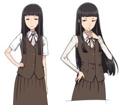 Rule 34 | 1girl, black hair, blunt bangs, blunt ends, brown vest, character sheet, concept art, expressions, hime cut, long hair, long skirt, looking at viewer, nerdy girl&#039;s story, sidelocks, simple background, skirt, standing, urin, very long hair, vest, white background