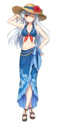 Rule 34 | 1girl, ;), bare arms, bikini, bikini top only, blue bikini, blue hair, blush, bracelet, breasts, brown eyes, cleavage, closed mouth, crossed legs, dress, floral print, flower, full body, hair between eyes, hand on own hip, hand up, hat, hat flower, jewelry, kamishirasawa keine, long hair, looking at viewer, medium breasts, nail polish, navel, one eye closed, sandals, sarong, shiromikan, sidelocks, simple background, smile, standing, sun hat, swimsuit, toenail polish, toenails, toes, touhou, white background