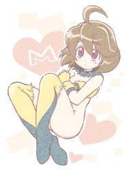 Rule 34 | 1girl, 2018, ahoge, arms (game), blush, brown hair, covering privates, covering breasts, crossed arms, fingerless gloves, functionally nude, gloves, heart, highres, hizuki (hiduki6121), knees up, legs together, mechanica (arms), nintendo, pink background, purple eyes, solo, sweatdrop, torn clothes