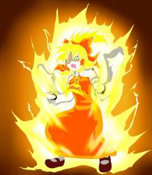 Rule 34 | 1girl, alternate eye color, alternate form, alternate hair color, artist request, ascot, aura, blonde hair, bow, breasts, clenched hands, detached sleeves, dragon ball, dragonball z, energy, facing to the side, floating hair, full body, glowing, green eyes, hair bow, hair ornament, hair ribbon, hair tubes, hakurei reimu, japanese clothes, large bow, long hair, looking ahead, looking to the side, md5 mismatch, miko, open mouth, parody, power-up, powering up, red bow, red ribbon, resized, resolution mismatch, ribbon, shoes, solo, source larger, spiked hair, standing, super saiyan, super saiyan 1, tongue, touhou, wide sleeves