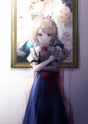 Rule 34 | 1girl, absurdres, alice margatroid, alice margatroid (pc-98), blonde hair, blue dress, blue eyes, book, closed mouth, drawing (object), dress, frilled sleeves, frills, grimoire of alice, hairband, highres, holding, holding book, lolita hairband, looking at viewer, puffy short sleeves, puffy sleeves, red hairband, rokuya (68 zusao), shinki (touhou), short hair, short sleeves, signature, solo, touhou, touhou (pc-98), yumeko (touhou)