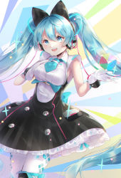 Rule 34 | aqua eyes, aqua hair, aqua necktie, black bow, black dress, bob 628, bow, breasts, cable, chromatic aberration, commentary, cowboy shot, cube, dress, frilled skirt, frills, gloves, hair bow, hand on own chest, hatsune miku, headphones, highres, hoop skirt, long hair, looking at viewer, magical mirai (vocaloid), magical mirai miku, magical mirai miku (2016), medium breasts, necktie, open mouth, shirt, short necktie, skirt, sleeveless, sleeveless shirt, smile, solo, thighhighs, twintails, very long hair, vocaloid, white gloves, white shirt, white thighhighs